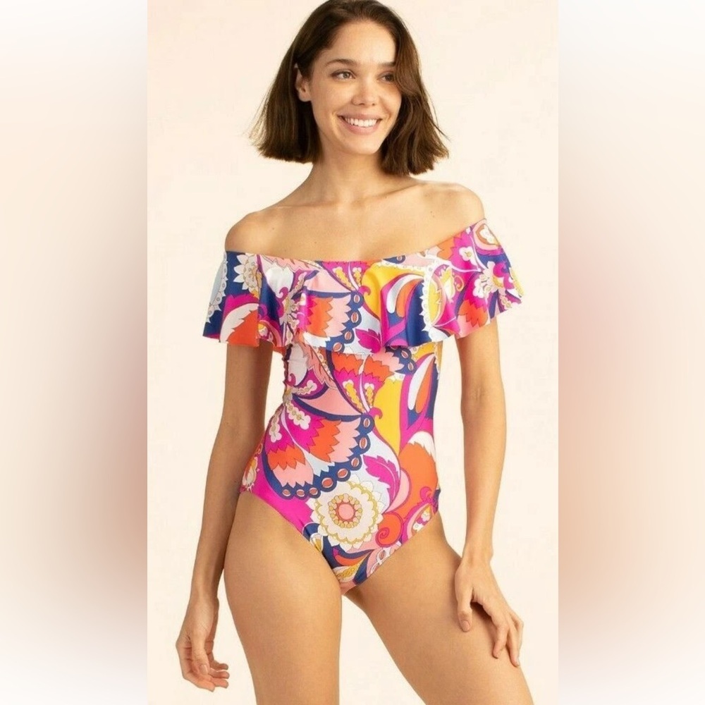 (T2) Trina Turk Sevilla Off-the-Shoulder Ruffle One-Piece Swimsuit, Size 10